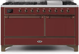 Majestic II 60 Inch Dual Fuel Natural Gas Freestanding Range in Burgundy with Bronze Trim