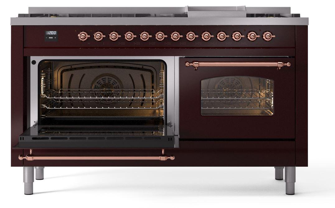 Nostalgie II 60 Inch Dual Fuel Liquid Propane Freestanding Range in Burgundy with Copper Trim