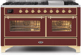 Majestic II 60 Inch Dual Fuel Natural Gas Freestanding Range in Burgundy with Brass Trim