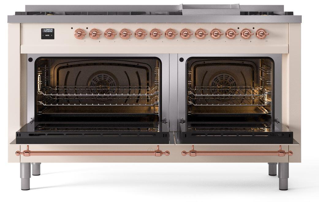 Nostalgie II 60 Inch Dual Fuel Natural Gas Freestanding Range in Antique White with Copper Trim