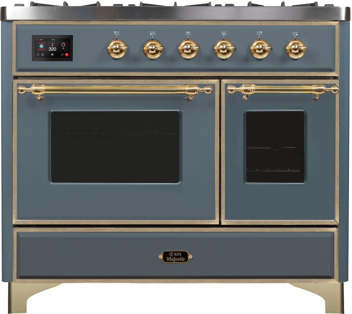 Majestic II 40 Inch Dual Fuel Natural Gas Freestanding Range in Blue Grey with Brass Trim