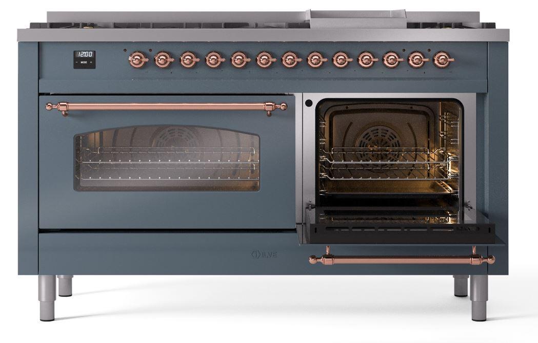 Nostalgie II 60 Inch Dual Fuel Natural Gas Freestanding Range in Blue Grey with Copper Trim