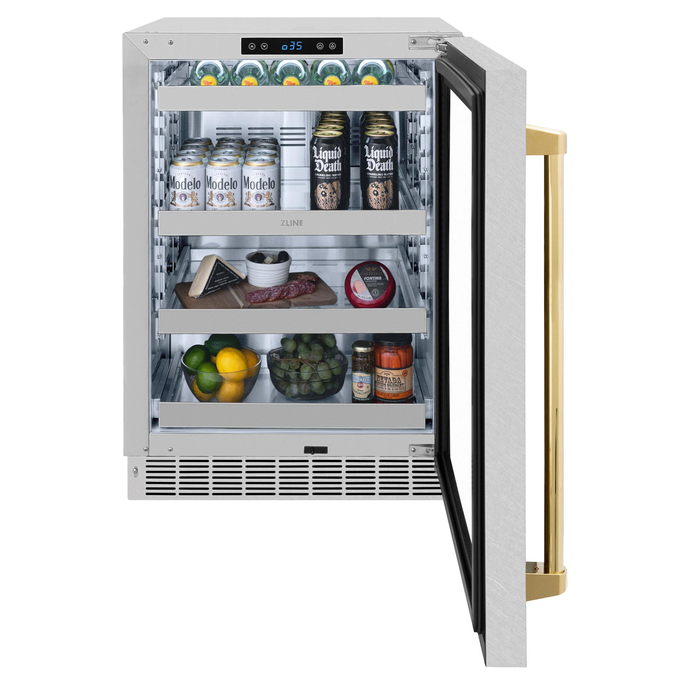 ZLINE Autograph Edition 24 in. Touchstone 151 Can Beverage Fridge With DuraSnow' Stainless Steel Glass Door And Polished Gold Handle (RBSOZ-SN-24-G)