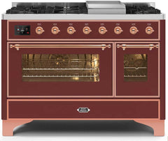 Majestic II 48 Inch Dual Fuel Natural Gas Freestanding Range in Burgundy with Copper Trim