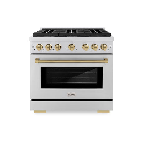 ZLINE Autograph Edition 36 in. 5.2 cu. ft. Paramount Dual Fuel Range with 6 Burner Gas Cooktop and Electric Convection Oven in Stainless Steel with Champagne Bronze Accents (SDRZ-36-CB)