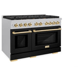 ZLINE Autograph Edition 48 in. 6.7 cu. ft. Paramount Double Oven Gas Range with 8 Burner Cooktop in DuraSnow' Stainless Steel with Black Matte Doors and Polished Gold Accents (SGRSZ-BLM-48-G)