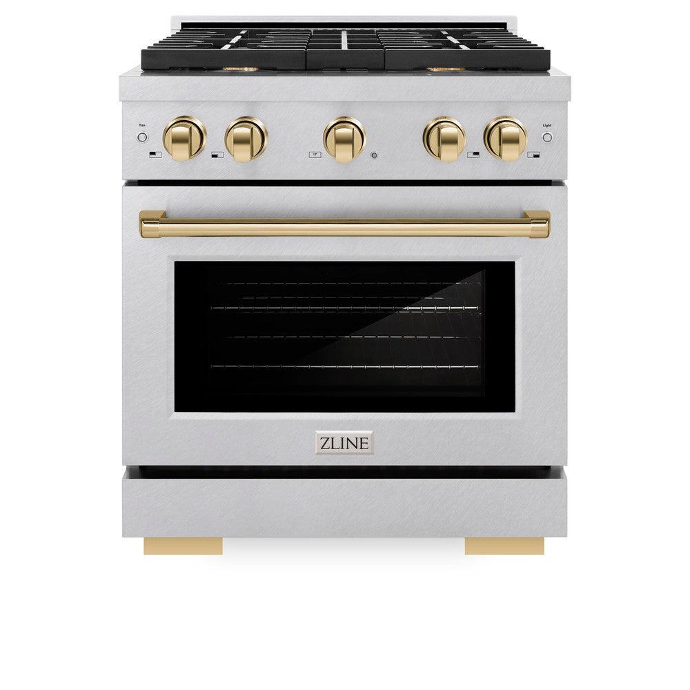 ZLINE Autograph Edition 30 in. 4.2 cu. ft. Paramount Dual Fuel Range with 4 Burner Gas Cooktop and Electric Convection Oven in DuraSnow' Stainless Steel with Polished Gold Accents (SDRSZ-30-G)