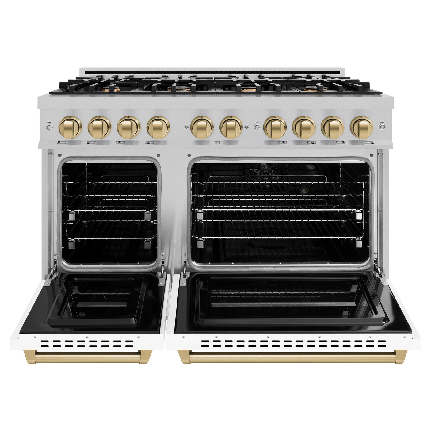 ZLINE Autograph Edition 48 in. 6.7 cu. ft. Classic Double Oven Gas Range with 8 Burner Cooktop in DuraSnow' Stainless Steel with White Matte Doors and Champagne Bronze Accents (CGRSZ-WM-48-CB)