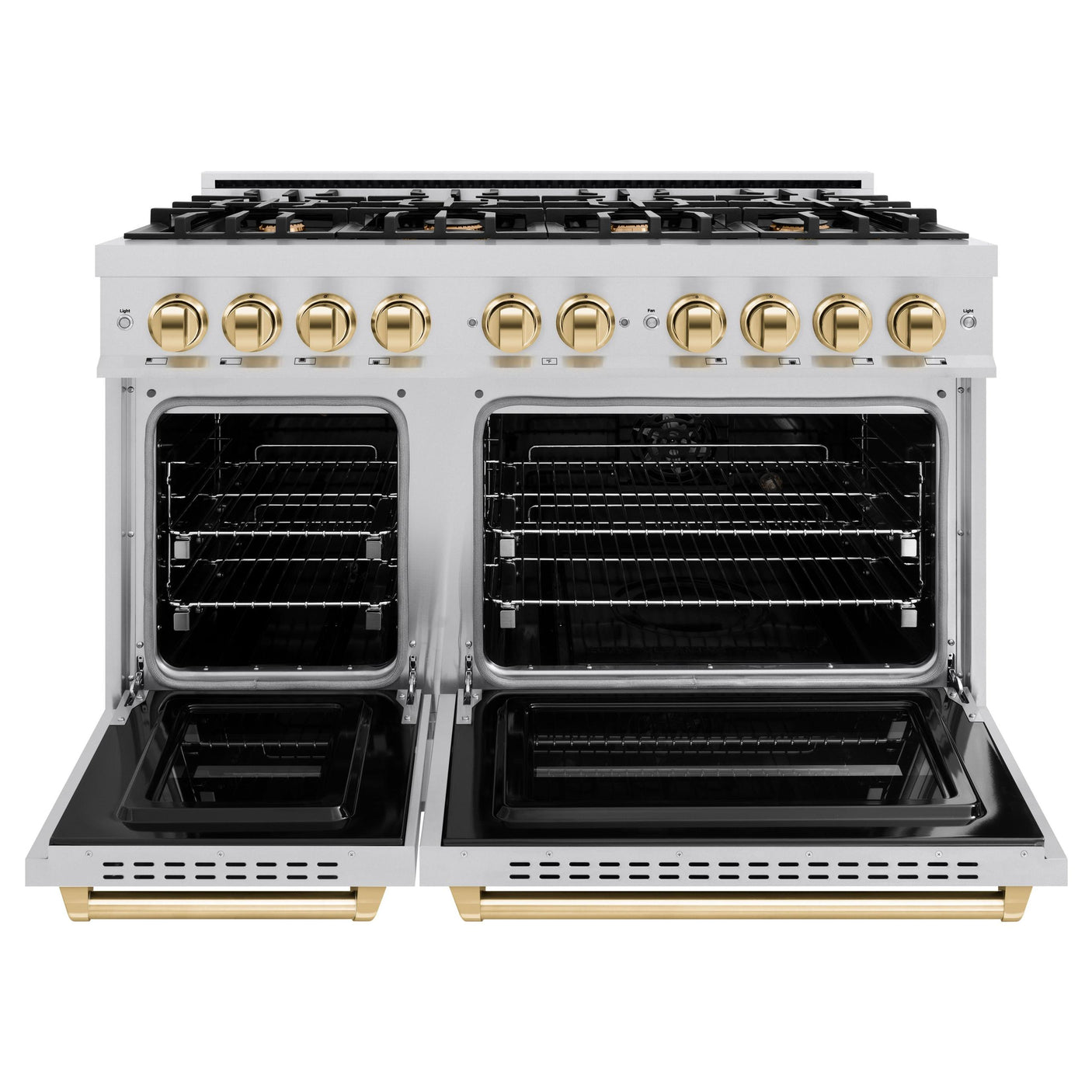 ZLINE Autograph Edition 48 in. 6.7 cu. ft. Classic Double Oven Dual Fuel Range with 8 Burner Gas Cooktop in Stainless Steel and Polished Gold Accents (CDRZ-48-G)