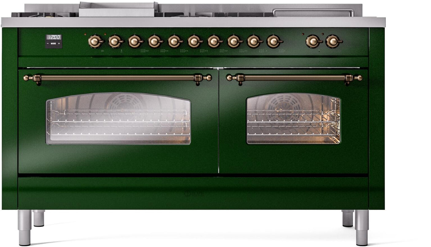 Nostalgie II 60 Inch Dual Fuel Liquid Propane Freestanding Range in Emerald Green with Bronze Trim