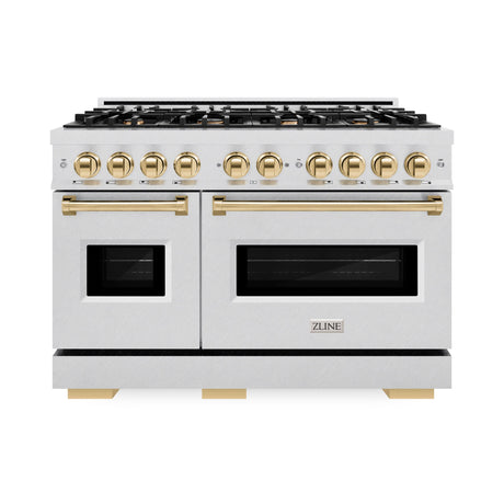 ZLINE Autograph Edition 48 in. 6.7 cu. ft. Classic Double Oven Gas Range with 8 Burner Cooktop in DuraSnow' Stainless Steel and Polished Gold Accents (CGRSZ-48-G)