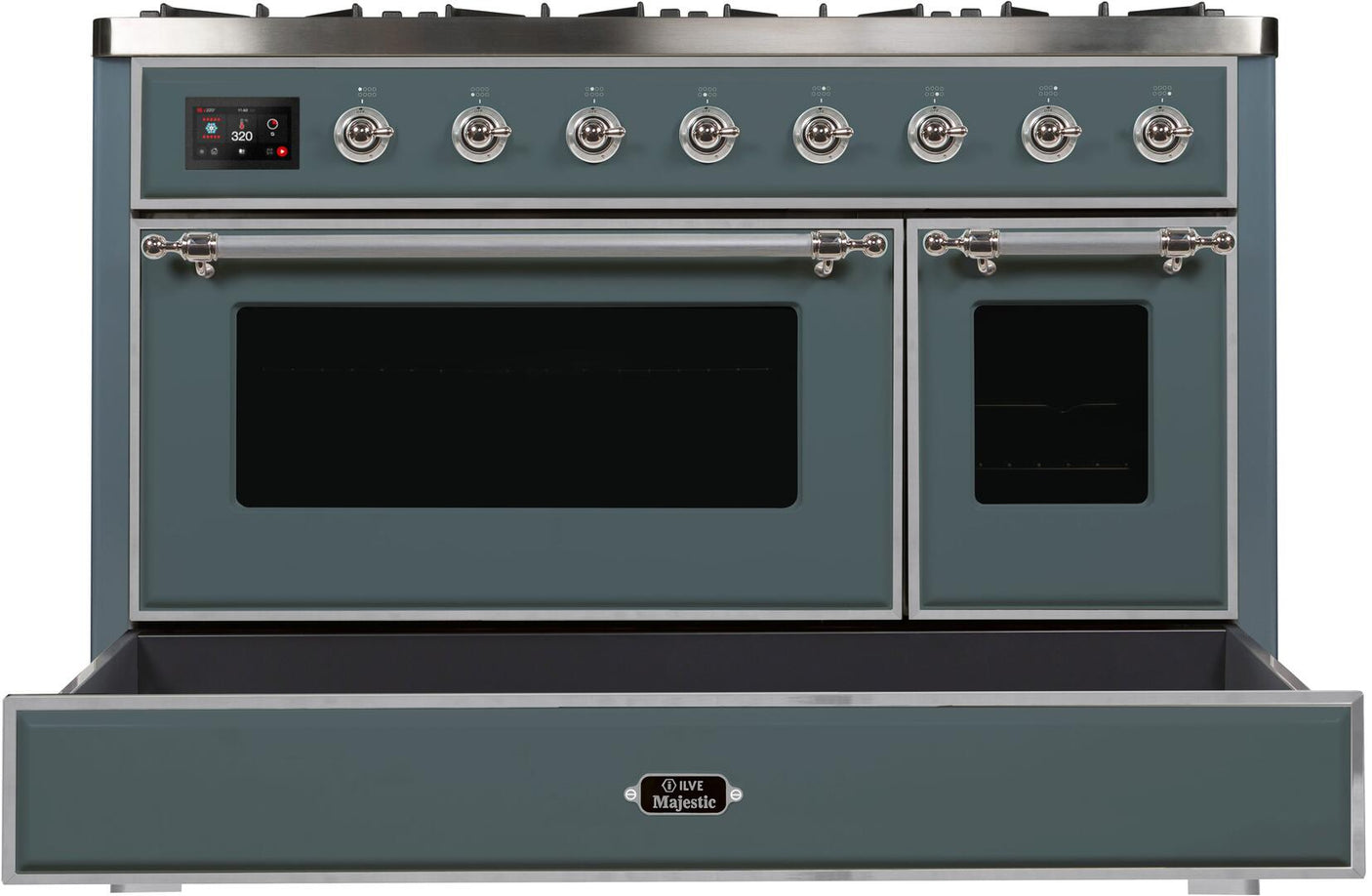 Majestic II 48 Inch Dual Fuel Natural Gas Freestanding Range in Blue Grey with Chrome Trim