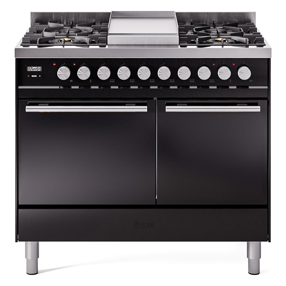 ILVE Professional Plus II 40 UPD40FQMPBK Freestanding Dual Fuel Range with 6 Sealed Burners Yes Double Oven with Solid Door in Glossy Black with Stainless Steel knobs