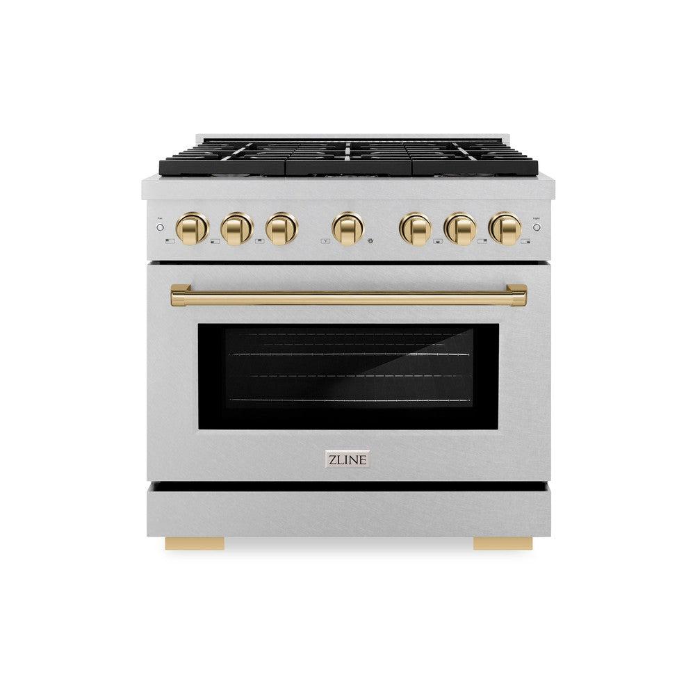 ZLINE Autograph Edition 36 in. 5.2 cu. ft. Paramount Dual Fuel Range with 6 Burner Gas Cooktop and Electric Convection Oven in DuraSnow' Stainless Steel with Polished Gold Accents (SDRSZ-36-G)