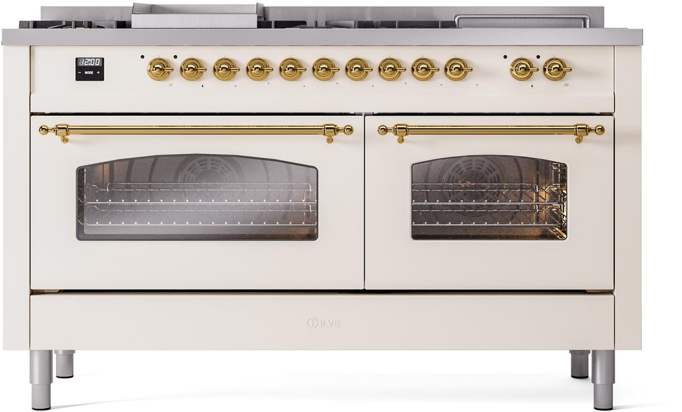 Nostalgie II 60 Inch Dual Fuel Natural Gas Freestanding Range in Antique White with Brass Trim