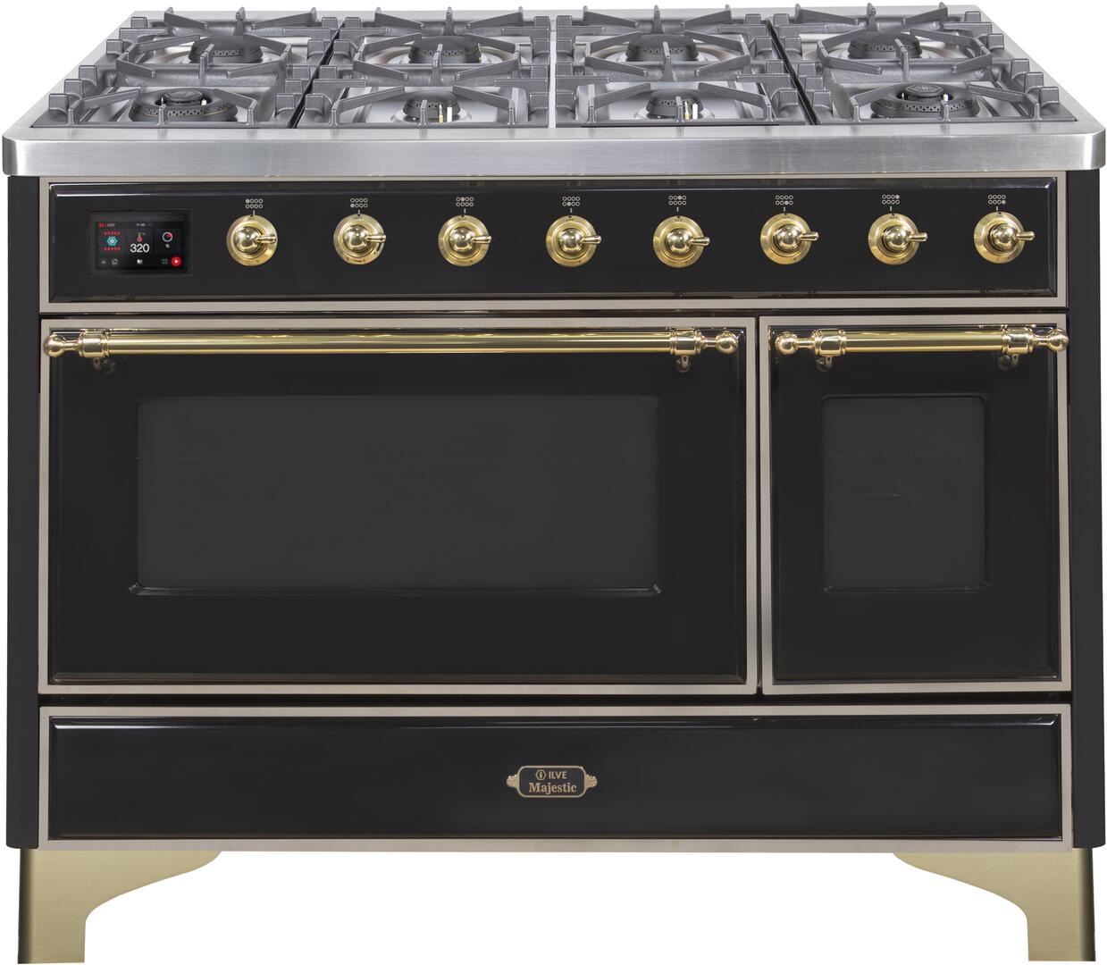 Majestic II 48 Inch Dual Fuel Liquid Propane Freestanding Range in Glossy Black with Brass Trim