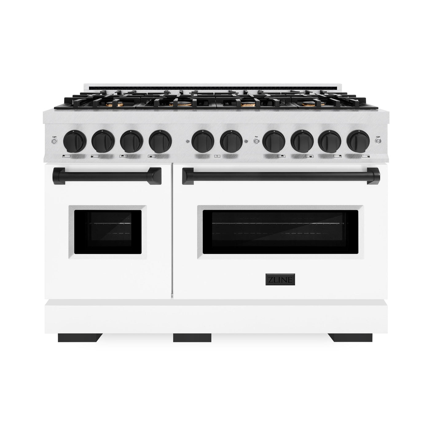 ZLINE Autograph Edition 48 in. 6.7 cu. ft. Classic Double Oven Gas Range with 8 Burner Cooktop in DuraSnow' Stainless Steel with White Matte Doors and Matte Black Accents (CGRSZ-WM-48-MB)