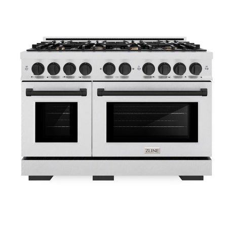 ZLINE Autograph Edition 48 in. 6.7 cu. ft. Select Double Oven Gas Range with 8 Burner Cooktop in DuraSnow' Stainless Steel and Matte Black Accents (HGRSZ-48-MB)