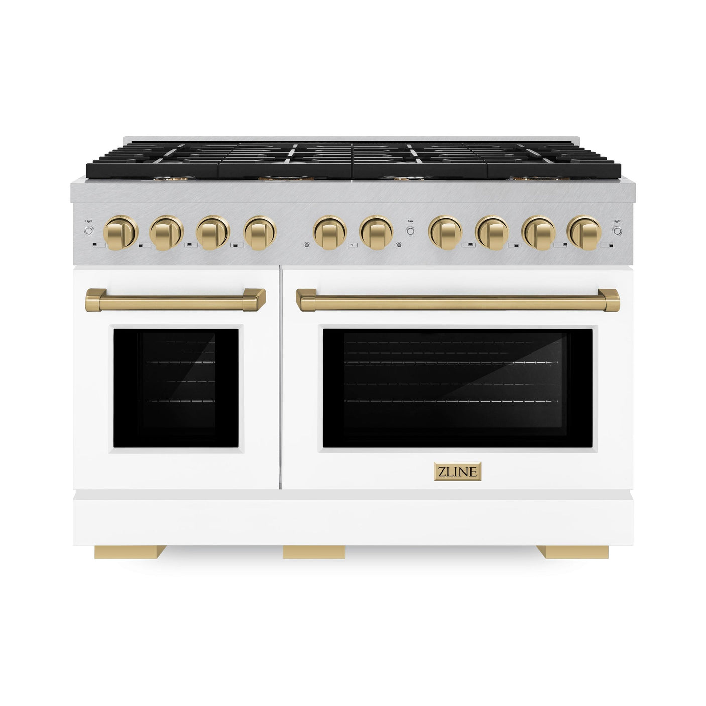 ZLINE Autograph Edition 48 in. 6.7 cu. ft. Paramount Double Oven Dual Fuel Range with 8 Burner Gas Cooktop in DuraSnow' Stainless Steel with White Matte Doors and Champagne Bronze Accents (SDRSZ-WM-48-CB)