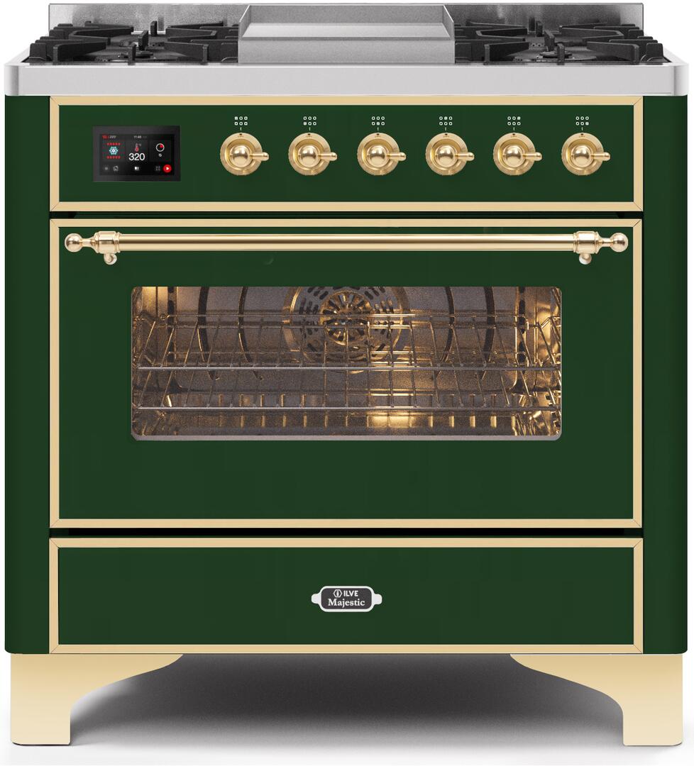 Majestic II 36 Inch Dual Fuel Liquid Propane Freestanding Range in Emerald Green with Brass Trim