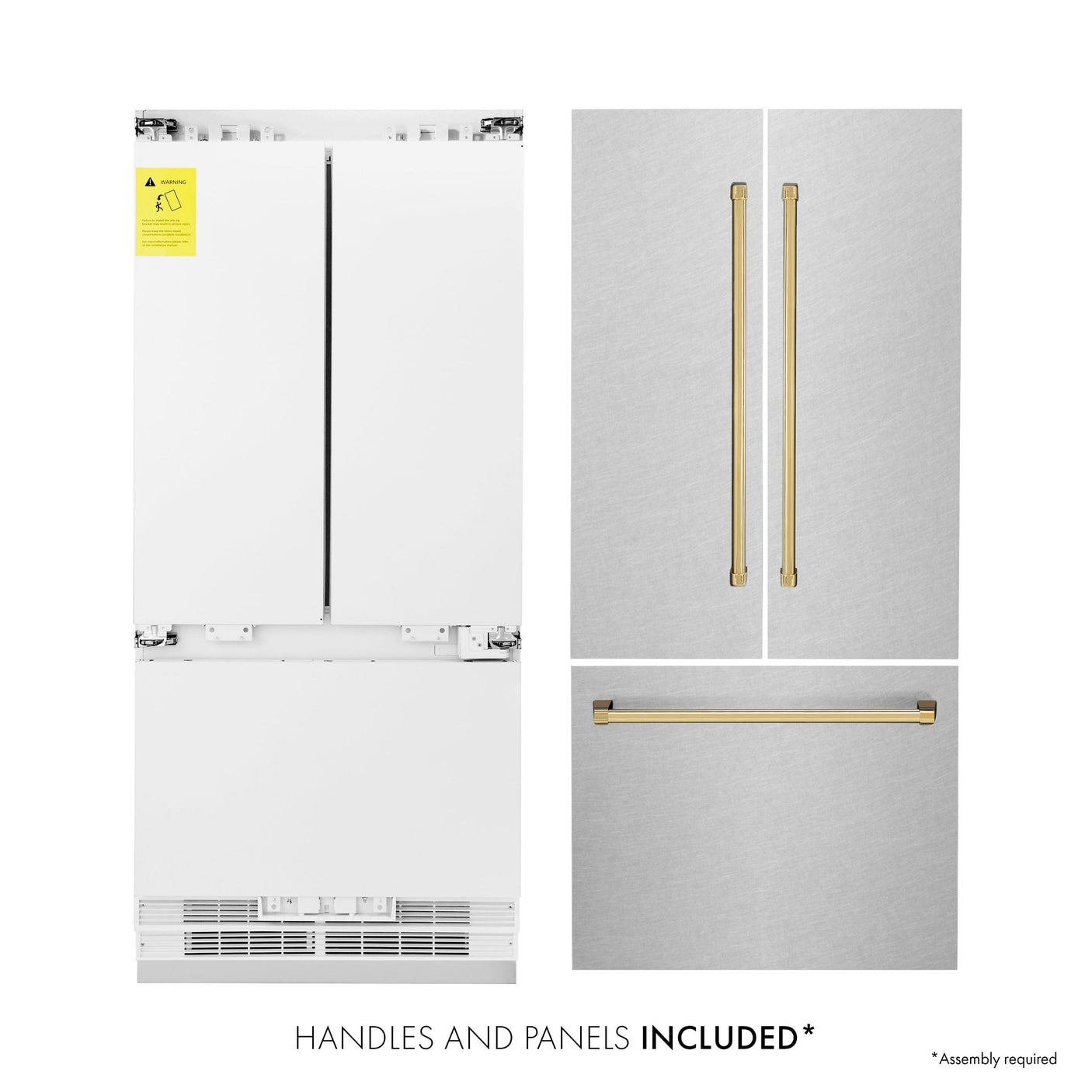 ZLINE 36" Autograph Edition 19.6 cu. ft. Built-in 3-Door French Door Refrigerator with Internal Water and Ice Dispenser in Fingerprint Resistant Stainless Steel with Polished Gold Accents (RBIVZ-SN-36-G)