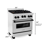 ZLINE 30" 4.0 cu. ft. Range with Gas Stove and Gas Oven in DuraSnow® Stainless Steel with Accents (RGSZ-SN-30) [Accent: Matte Black]