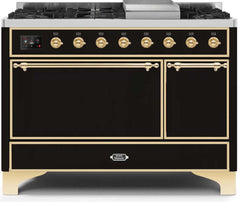 Majestic II 48 Inch Dual Fuel Liquid Propane Freestanding Range in Glossy Black with Brass Trim