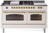 Nostalgie II 60 Inch Dual Fuel Liquid Propane Freestanding Range in Antique White with Brass Trim