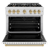 ZLINE Autograph Edition 36 in. 5.2 cu. ft. Classic Dual Fuel Range with 6 Burner Gas Cooktop and Electric Convection Oven in DuraSnow' Stainless Steel with White Matte Door and Champagne Bronze Accents (CDRSZ-WM-36-CB)