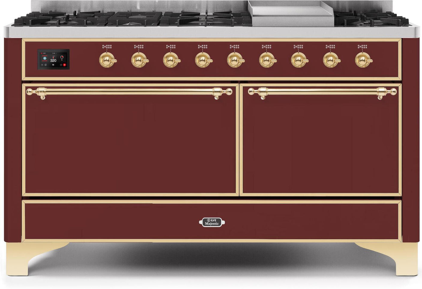 Majestic II 60 Inch Dual Fuel Liquid Propane Freestanding Range in Burgundy with Brass Trim