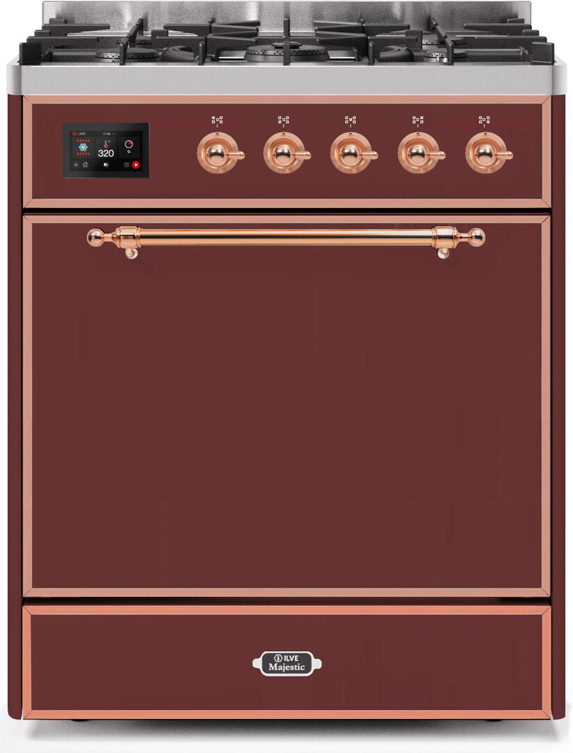 Majestic II 30 Inch Dual Fuel Liquid Propane Freestanding Range in Burgundy with Copper Trim