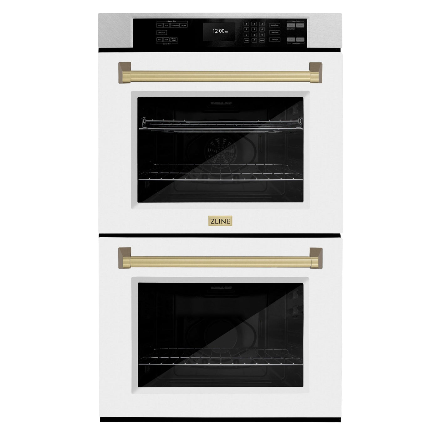 ZLINE 30 in. Autograph Edition Professional True Convection Double Wall Oven with Air Fry and Self Clean in DuraSnow' Stainless Steel with White Matte Doors and Champagne Bronze Handles (WADSZ-WM-30-CB)