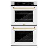 ZLINE 30 in. Autograph Edition Professional True Convection Double Wall Oven with Air Fry and Self Clean in DuraSnow' Stainless Steel with White Matte Doors and Champagne Bronze Handles (WADSZ-WM-30-CB)