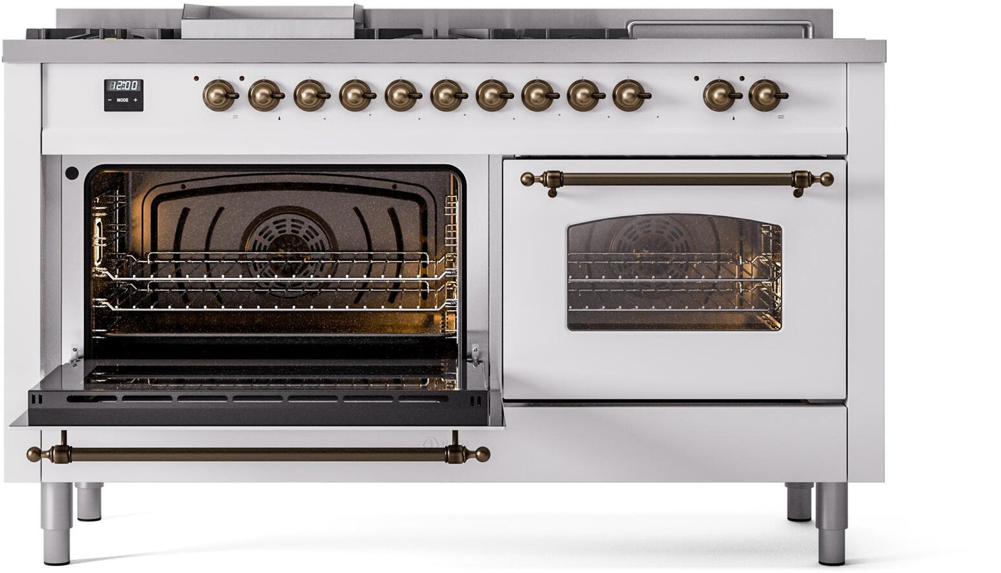 Nostalgie II 60 Inch Dual Fuel Natural Gas Freestanding Range in White with Bronze Trim