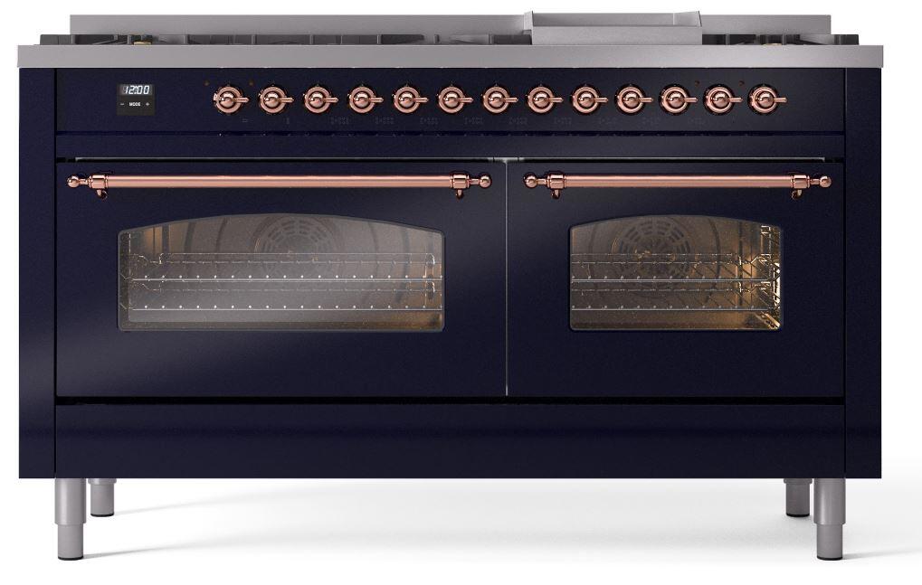 Nostalgie II 60 Inch Dual Fuel Liquid Propane Freestanding Range in Blue with Copper Trim