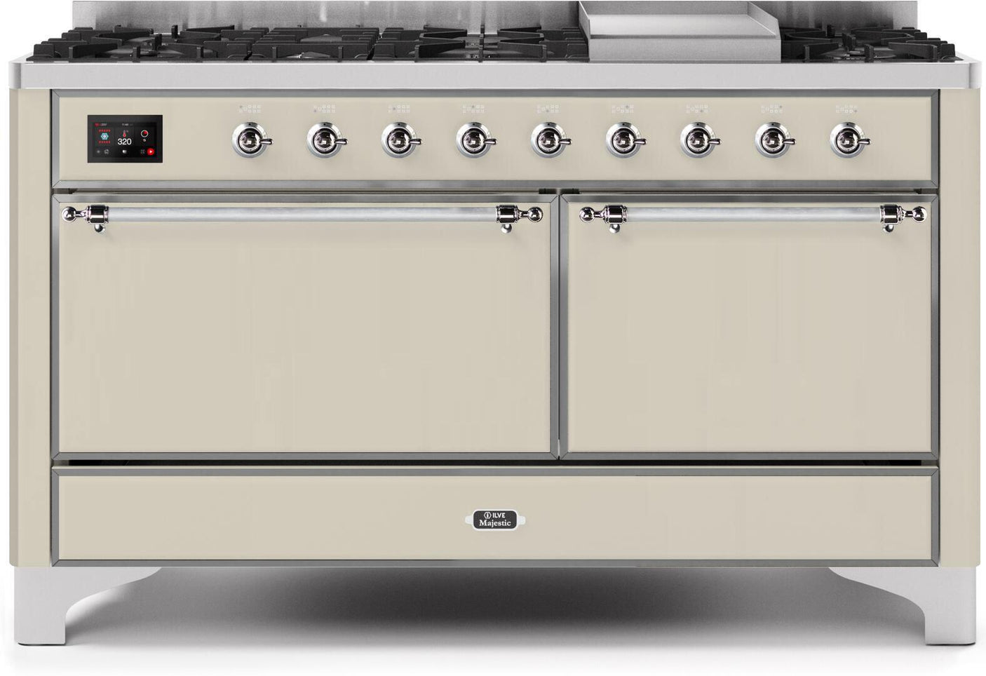 Majestic II 60 Inch Dual Fuel Natural Gas Freestanding Range in Antique White with Chrome Trim