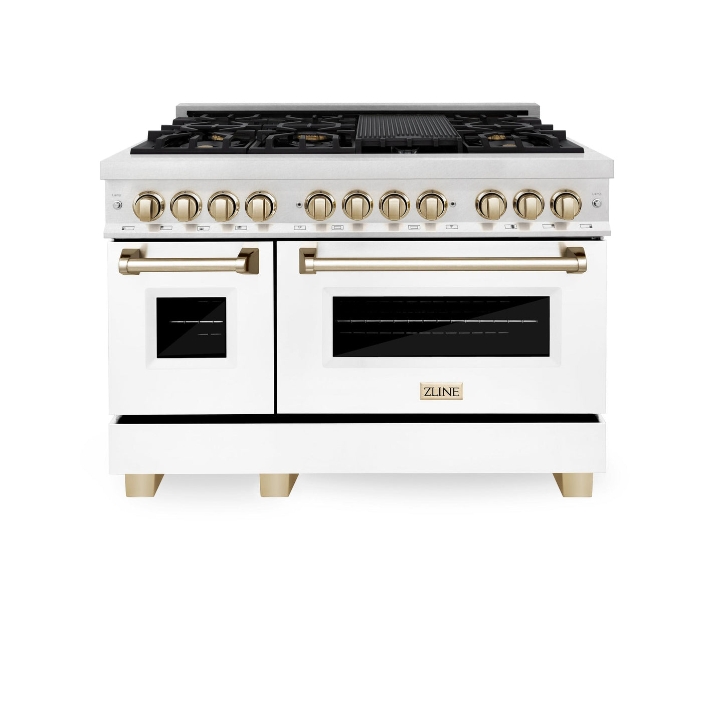 ZLINE Autograph Edition 48" 6.0 cu. ft. Dual Fuel Range with Gas Stove and Electric Oven in DuraSnow Stainless Steel with White Matte Door with Accents (RASZ-WM-48) [Color: Champagne Bronze]