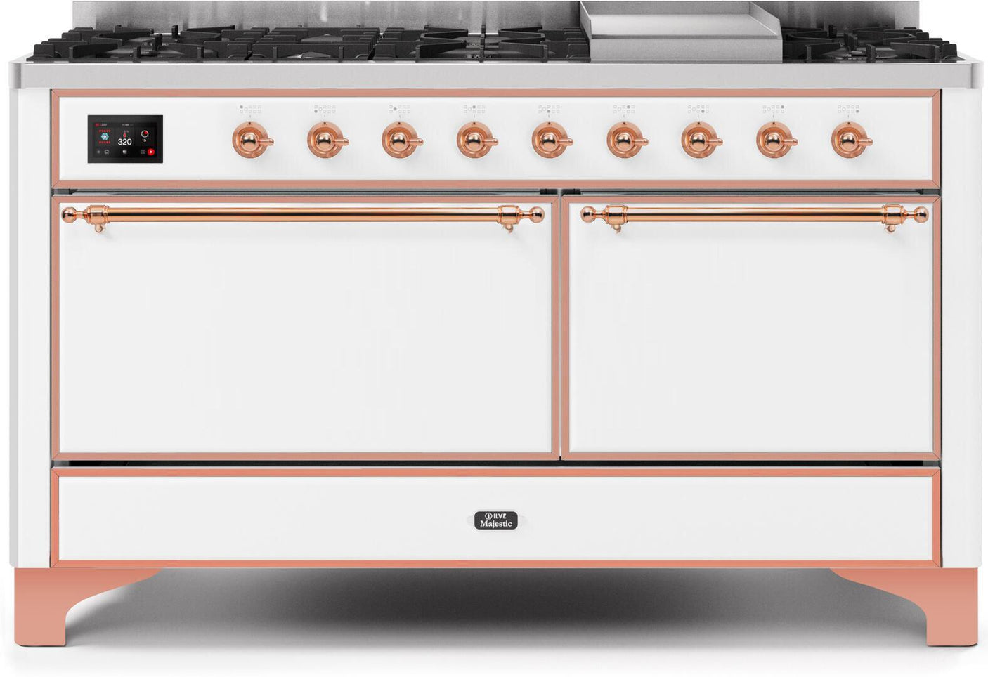 Majestic II 60 Inch Dual Fuel Natural Gas Freestanding Range in White with Copper Trim