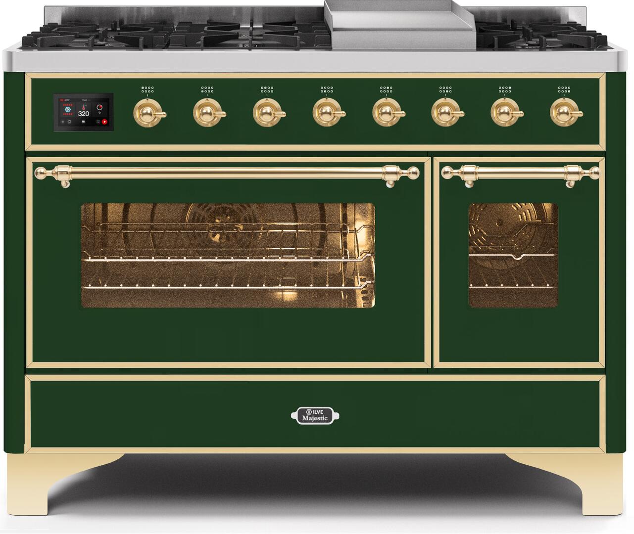 Majestic II 48 Inch Dual Fuel Liquid Propane Freestanding Range in Emerald Green with Brass Trim