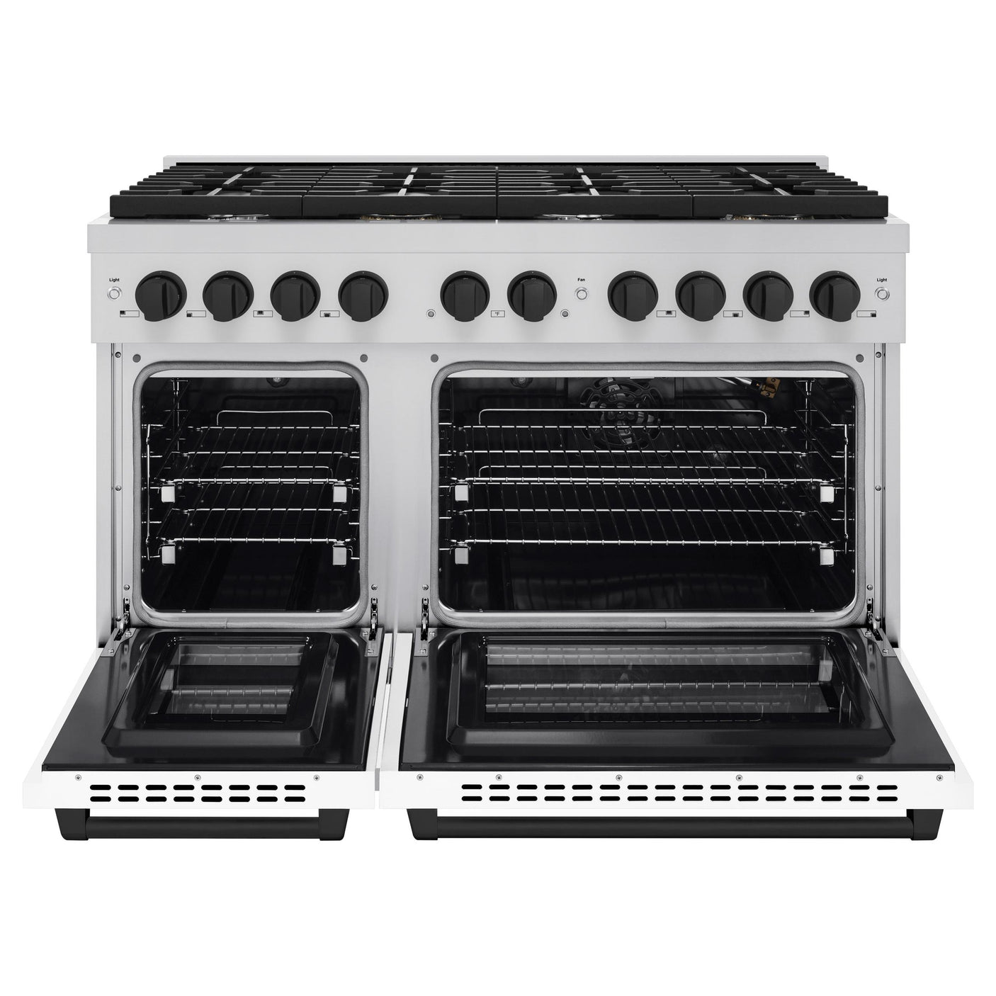 ZLINE Autograph Edition 48 in. 6.7 cu. ft. 8 Burner Double Oven Gas Range in Stainless Steel with White Matte Doors and Matte Black Accents (SGRZ-WM-48-MB)