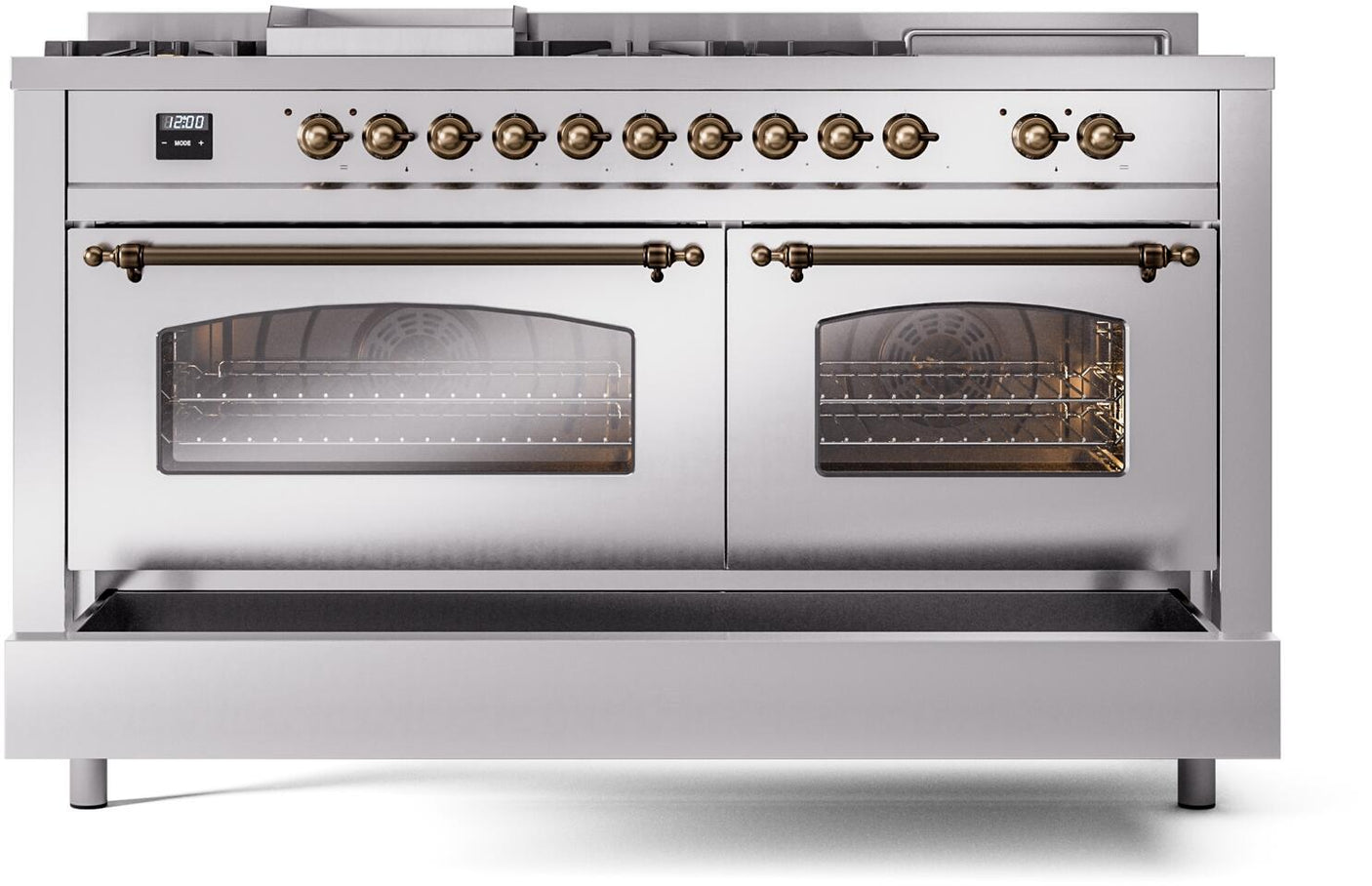 Nostalgie II 60 Inch Dual Fuel Liquid Propane Freestanding Range in Stainless Steel with Bronze Trim