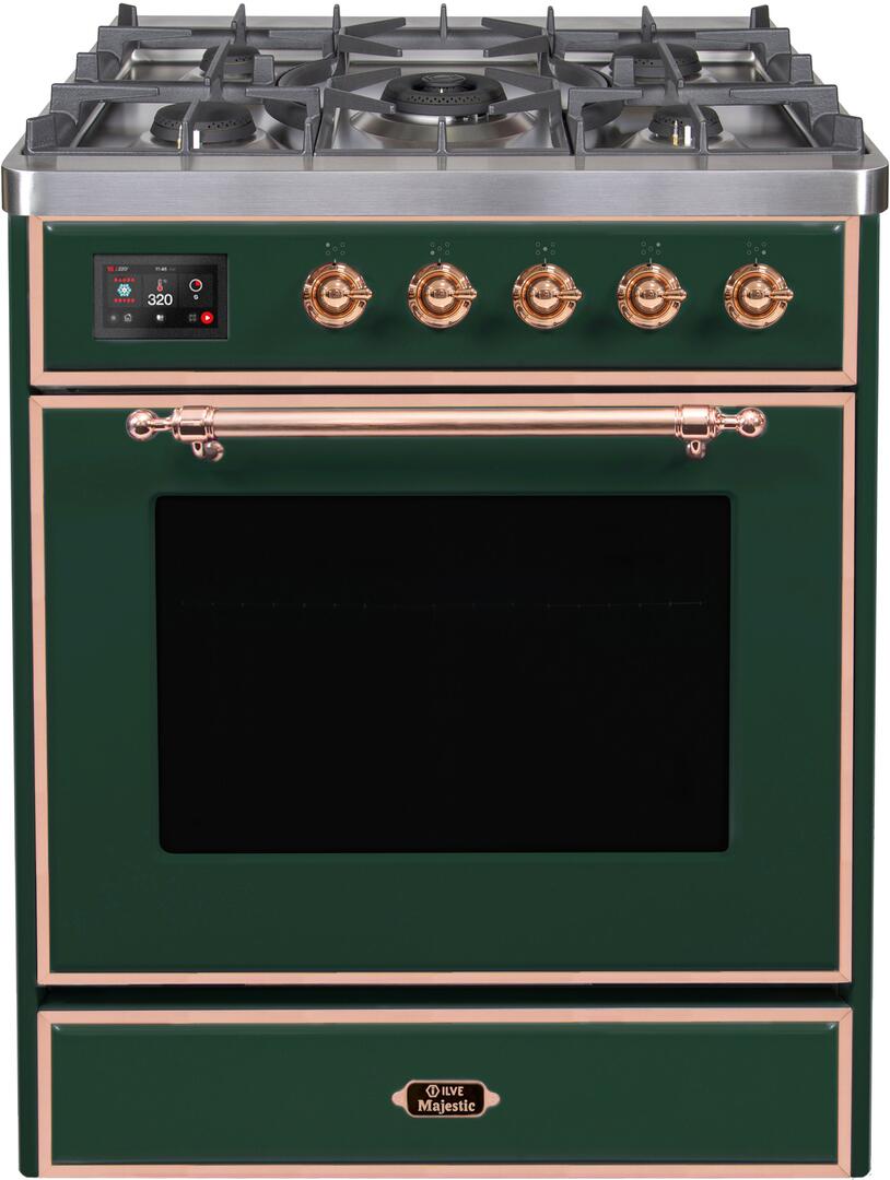 Majestic II 30 Inch Dual Fuel Liquid Propane Freestanding Range in Emerald Green with Copper Trim