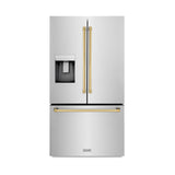 ZLINE Autograph Edition 36 in. 28.9 cu. ft. Standard-Depth French Door External Water Dispenser Refrigerator with Dual Ice Maker in Fingerprint Resistant Stainless Steel and Polished Gold Traditional Handles (RSMZ-W-36-G)