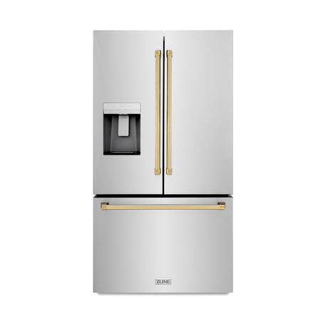 ZLINE Autograph Edition 36 in. 28.9 cu. ft. Standard-Depth French Door External Water Dispenser Refrigerator with Dual Ice Maker in Fingerprint Resistant Stainless Steel and Polished Gold Traditional Handles (RSMZ-W-36-G)