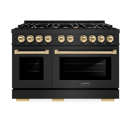 ZLINE Autograph Edition 48 in. 6.7 cu. ft. Select Double Oven Dual Fuel Range with 8 Burner Gas Cooktop in Black Stainless Steel and Polished Gold Accents (HDRBZ-48-G)