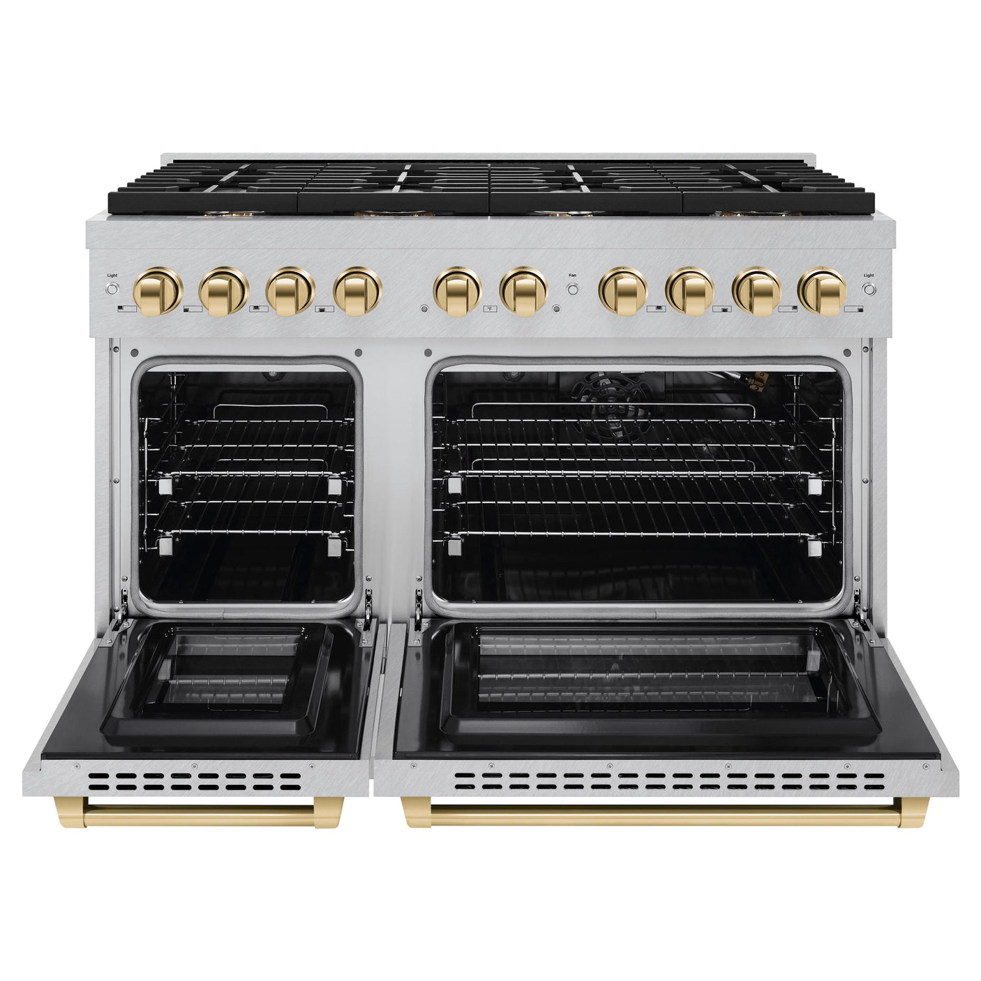 ZLINE Autograph Edition 48 in. 6.7 cu. ft. 8 Burner Double Oven Gas Range in DuraSnow' Stainless Steel and Polished Gold Accents (SGRSZ-48-G)