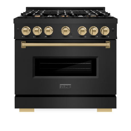 ZLINE Autograph Edition 36 in. 5.2 cu. ft. Classic Dual Fuel Range with 6 Burner Gas Cooktop and Electric Convection Oven in Black Stainless Steel with Champagne Bronze Accents (CDRBZ-36-CB)