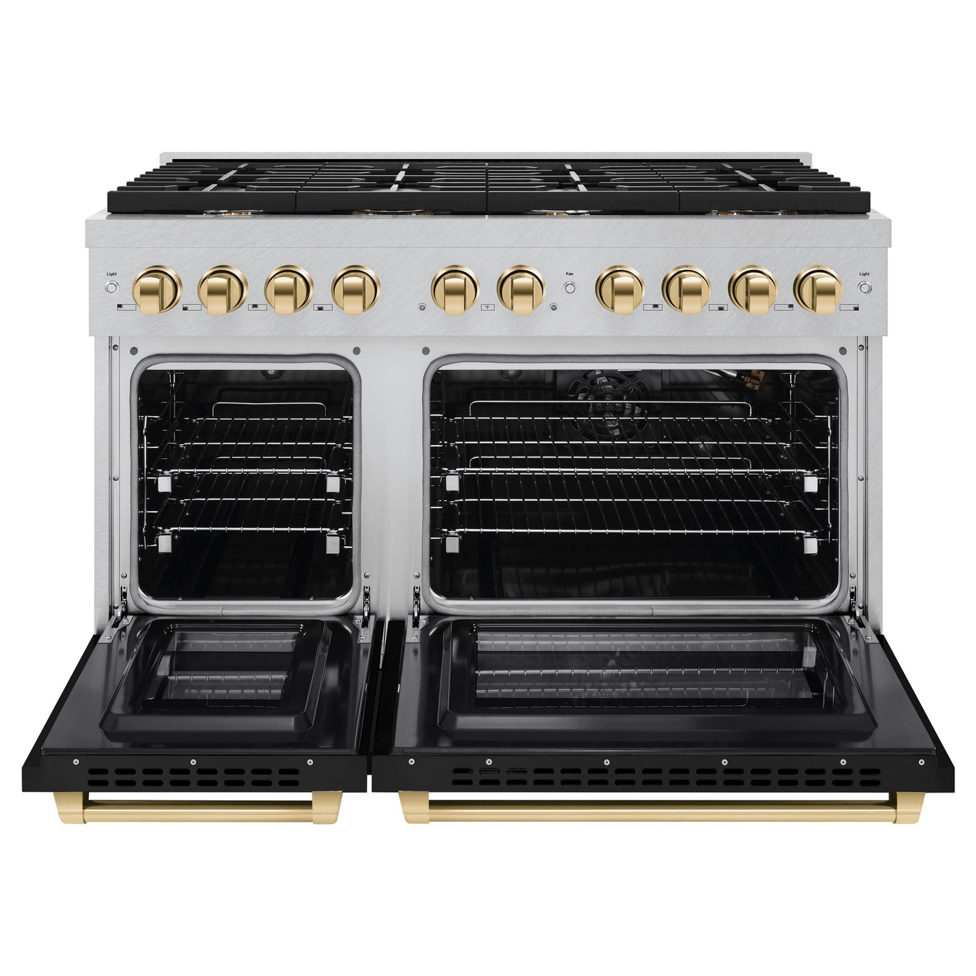 ZLINE Autograph Edition 48 in. 6.7 cu. ft. Paramount Double Oven Gas Range with 8 Burner Cooktop in DuraSnow' Stainless Steel with Black Matte Doors and Polished Gold Accents (SGRSZ-BLM-48-G)