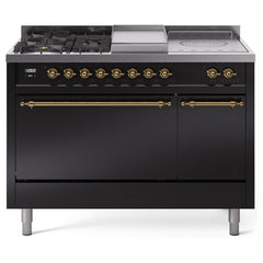 ILVE Nostalgie II 48 UP48FSQNMPBKG Freestanding Dual Fuel Range with 5 Sealed Burners Yes and French Top Double Oven with Solid Door in Glossy Black with Brass knobs