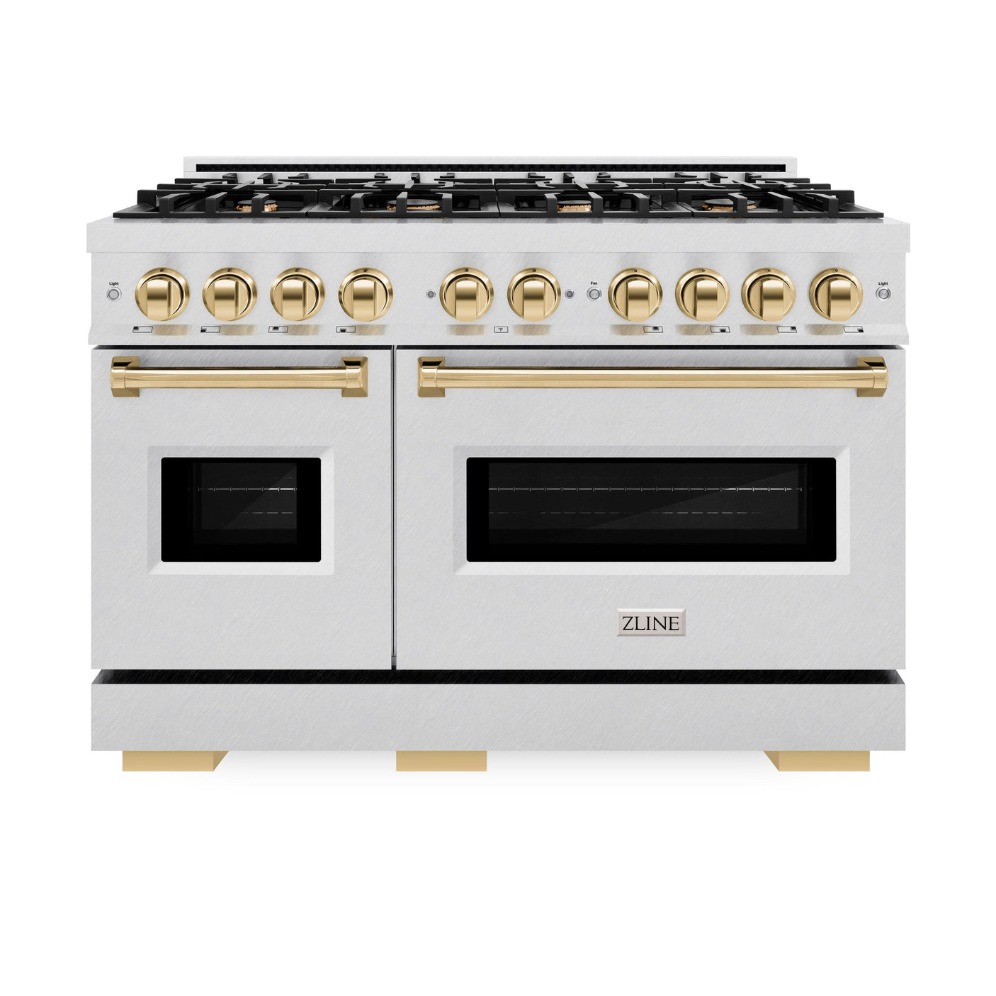 ZLINE Autograph Edition 48 in. 6.7 cu. ft. Classic Double Oven Gas Range with 8 Burner Cooktop in DuraSnow' Stainless Steel and Polished Gold Accents (CGRSZ-48-G)